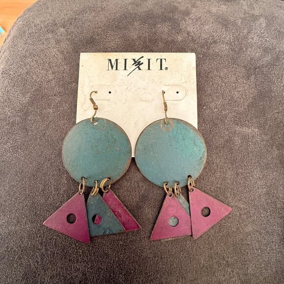 Mixit Vintage Geometric Dangle Earrings With Green & Pink Metal Shapes - Picture 2 of 2